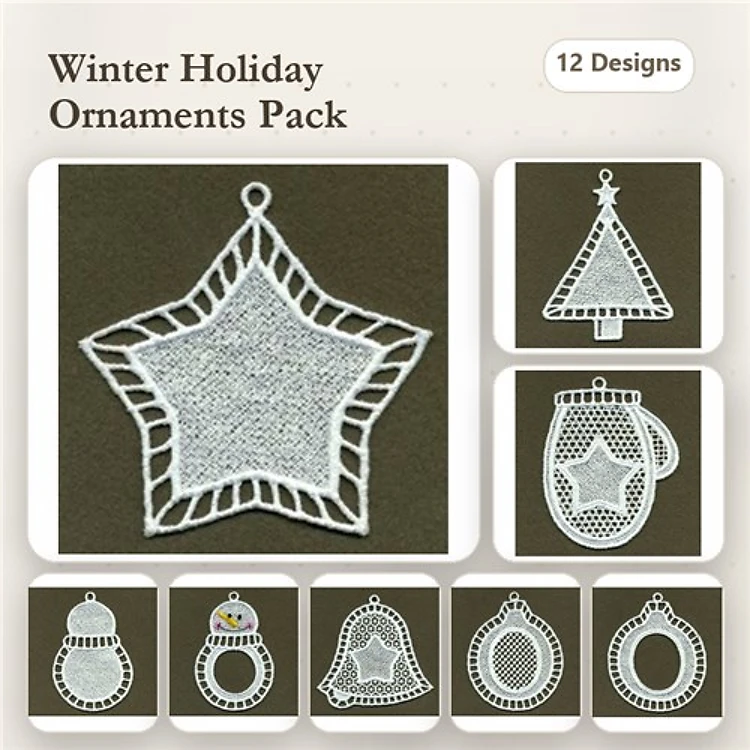 FSL Winter Holiday Ornaments Embroidery Bundle – Star, Christmas Tree, Mittens & More (12 Designs)