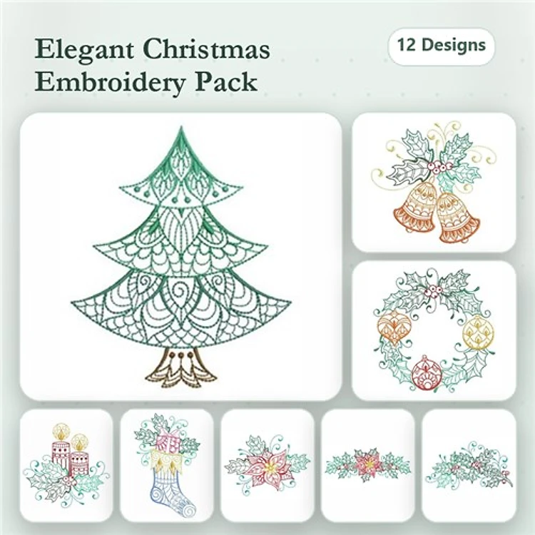 Redwork Christmas Embroidery Designs Bundle – Christmas Tree, Bells, Wreath & More (12 Designs)