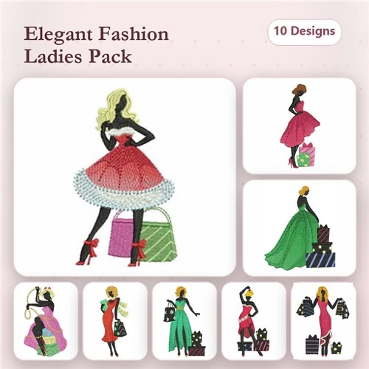 Fashion Ladies Embroidery Designs Bundle – Elegant Red, Green & Pink Dresses, Shopping Bags & More (10 Designs)