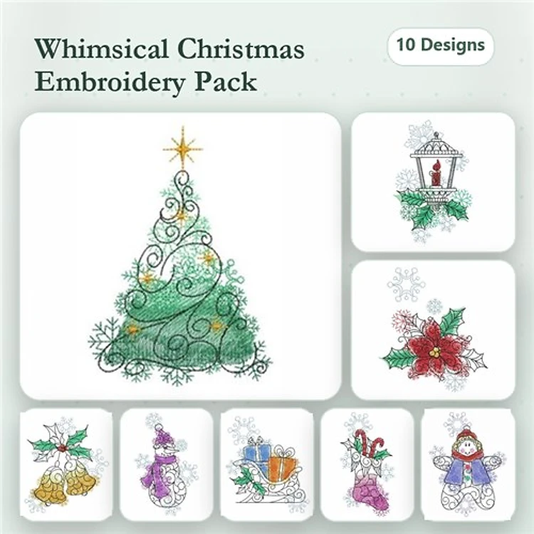 Whimsical Christmas Embroidery Designs Bundle – Christmas Tree, Snowman, Poinsettia & More (10 Designs)