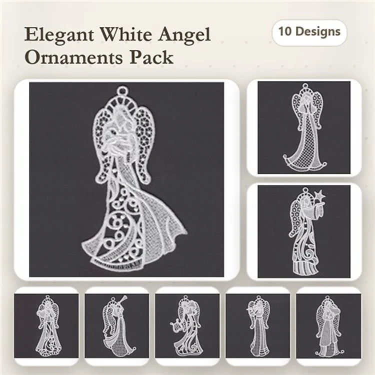 FSL Elegant White Angel Ornaments Embroidery Bundle – Angel with Star, Flowing Gown, Heart & More (10 Designs)