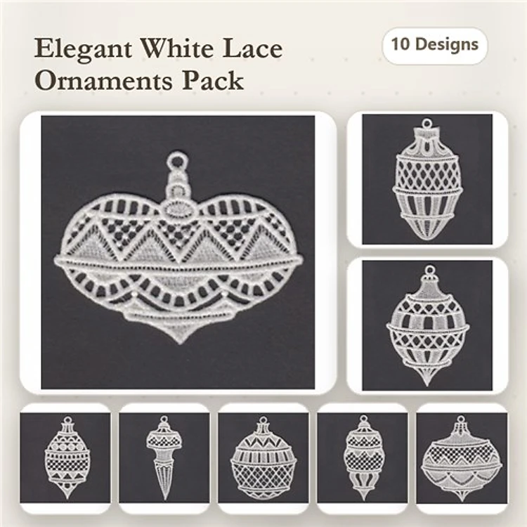 FSL Elegant Lace Ornaments Embroidery Designs Bundle – Heart, Star, Snowflake & More (10 Designs)