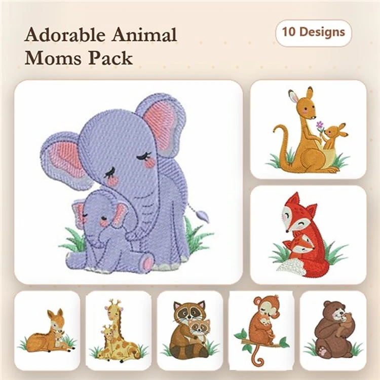 Animal Mothers and Babies Embroidery Designs Bundle – Mother Elephant with Baby, Kangaroo with Joey, Fox with Kits & More (10 Designs)