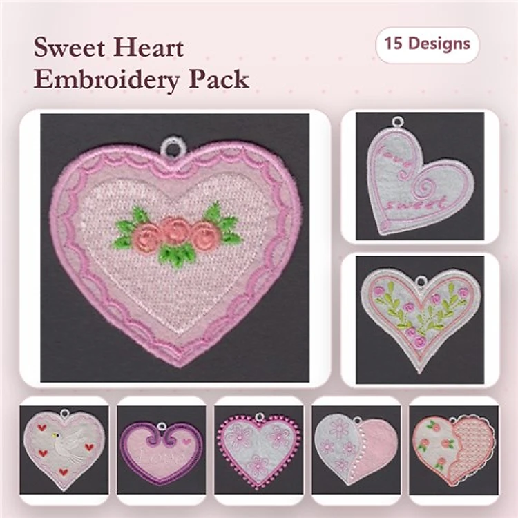 FSL Heart-shaped Lace Embroidery Bundle – Heart with Roses, Love Heart, Floral Heart & More (15 Designs)