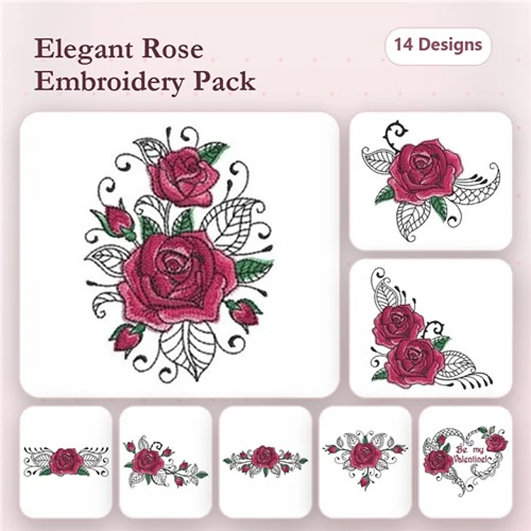 Elegant Roses Embroidery Designs Bundle – Rose Bouquet, Single Rose, Rose with Leaves & More (14 Designs)