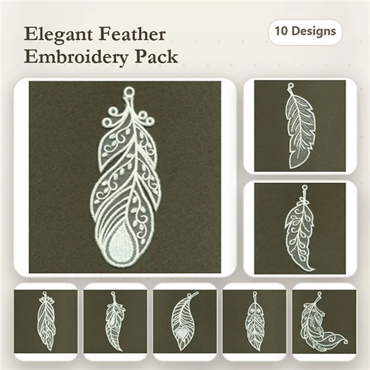 FSL Elegant Feather Embroidery Designs Bundle – Ornate Feather, Detailed Feather, Lace Feather & More (10 Designs)