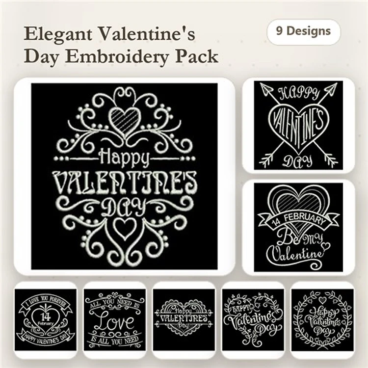 Valentine's Day Greetings Embroidery Designs Bundle – Happy Valentine's Day, Be My Valentine, Love & More (9 Designs)