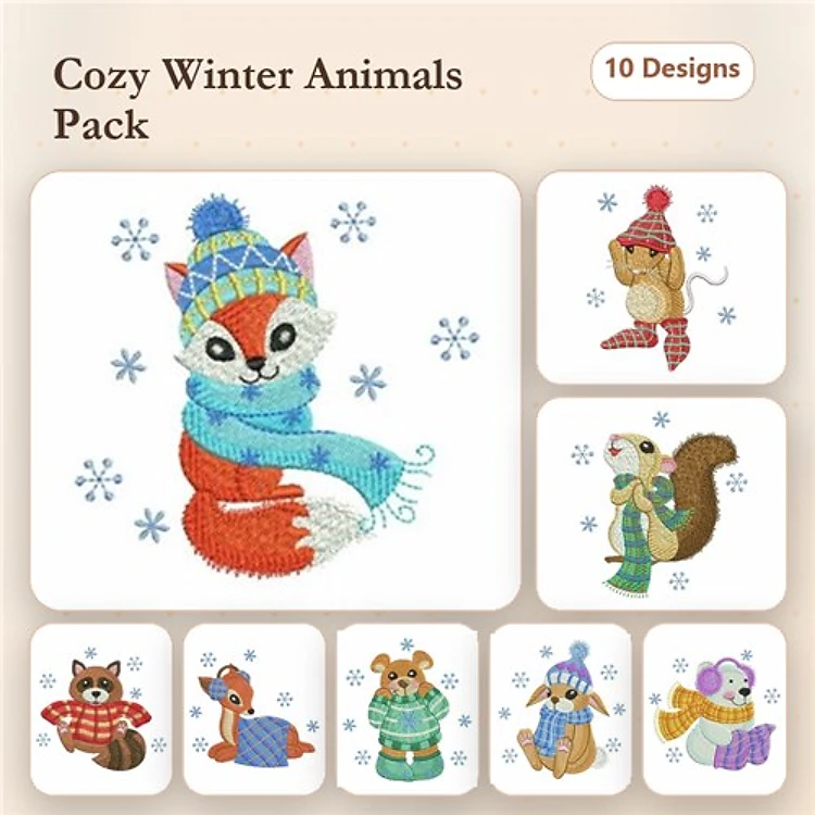 Cozy Winter Animals Embroidery Designs Bundle – Fox in Scarf, Squirrel with Hat, Raccoon in Jumper & More (10 Designs)