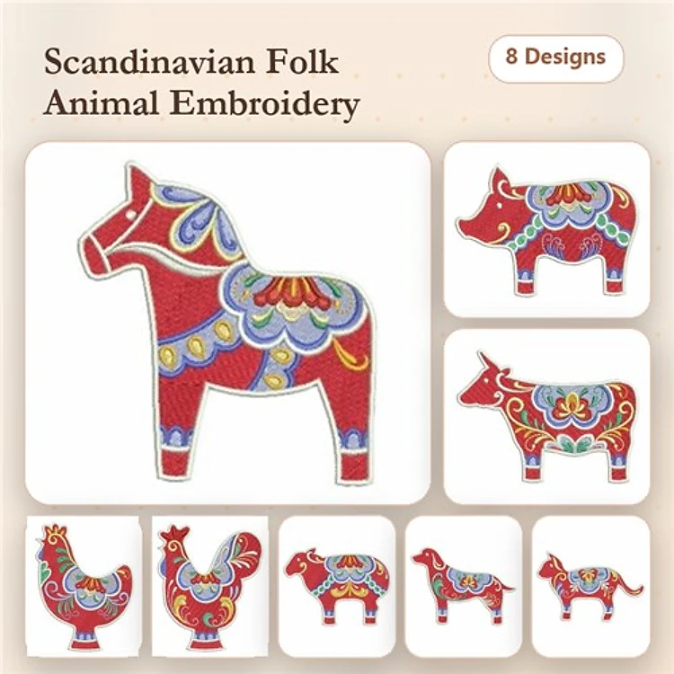 Scandinavian Folk Animal Embroidery Bundle – Colorful Designs (8 Designs)