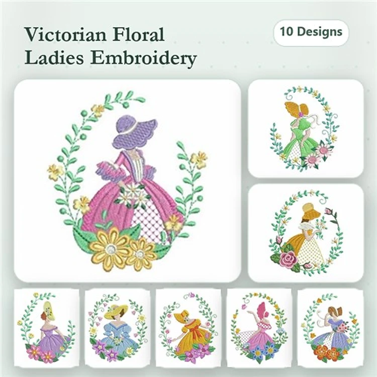 Victorian Floral Ladies Embroidery Designs Bundle – Victorian Lady with Hat, Victorian Lady in Green Dress, & More (10 Designs)