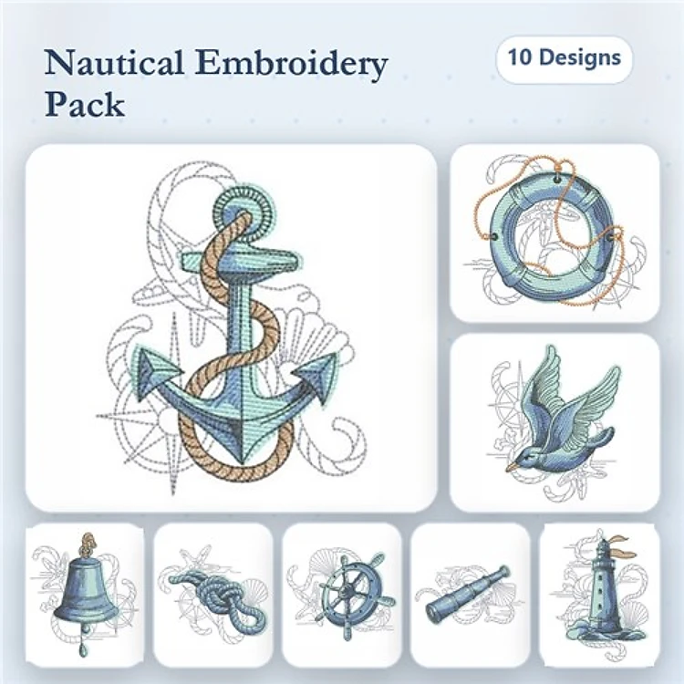Nautical Embroidery Designs Bundle – Anchor, Lifebuoy, Sailboat & More (10 Designs)
