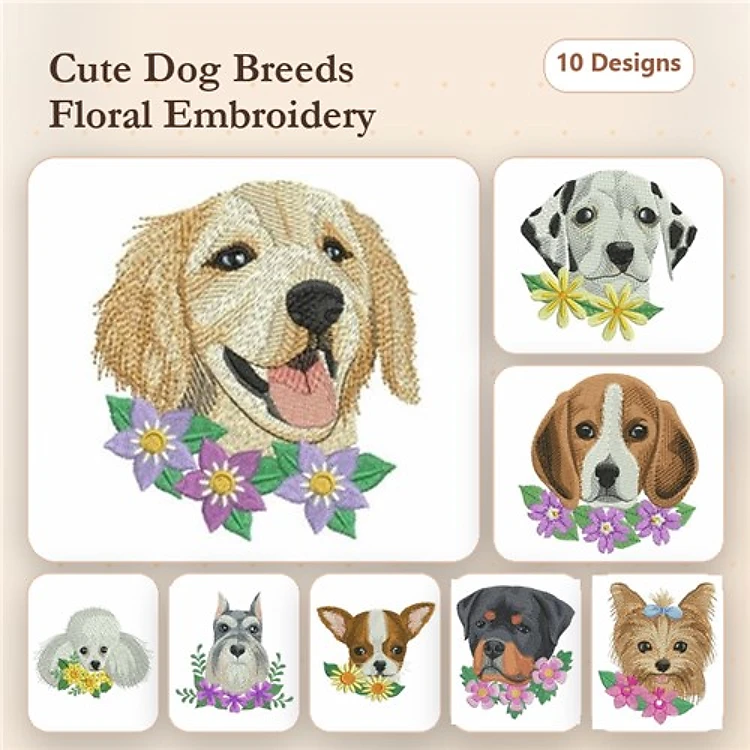 Golden Retriever & Dalmatian Embroidery Bundle – Cute Dog Breeds (10 Designs)