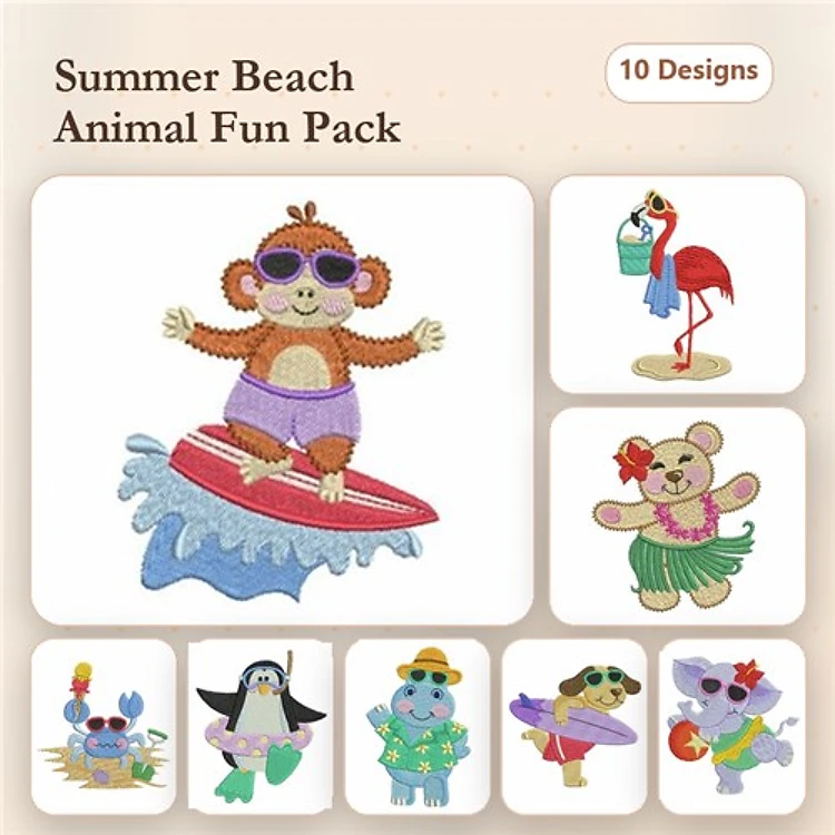 Summer Beach Animal Embroidery Bundle – Fun Designs (10 Designs)