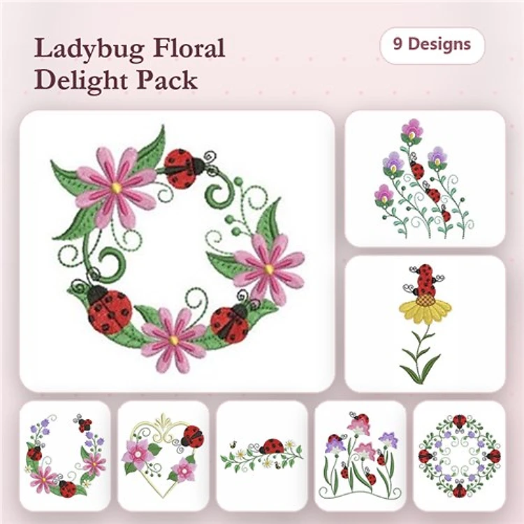 Ladybug & Floral Embroidery Designs Bundle – Ladybug Floral Wreath, Flower with Ladybug, Floral Bouquet & More (9 Designs)