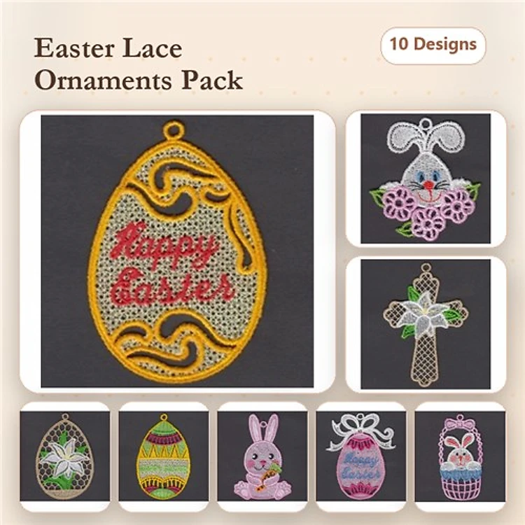 FSL Easter Lace Ornaments Embroidery Bundle – Easter Egg, Bunny, Flower Cross & More (10 Designs)