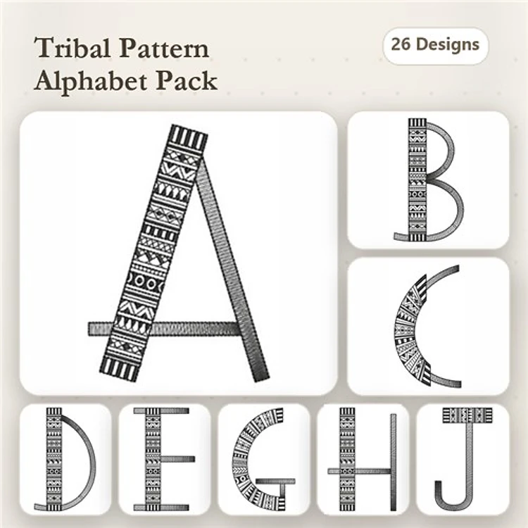 Tribal Pattern Alphabet Embroidery Designs Bundle – Tribal Letter A, B, C & More (26 Designs)