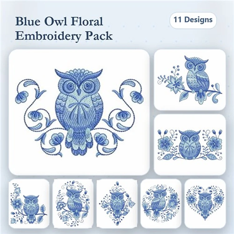 Owl Embroidery Designs Bundle – Owl with Bow, Owl with Flowers, Owl Floral Heart & More (11 Designs)