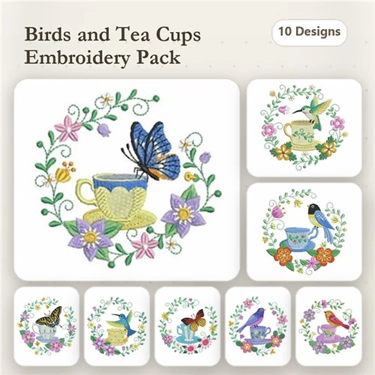 Birds & Tea Cups Embroidery Designs Bundle – Butterfly and Tea Cup, Hummingbird among Flowers & More (10 Designs)