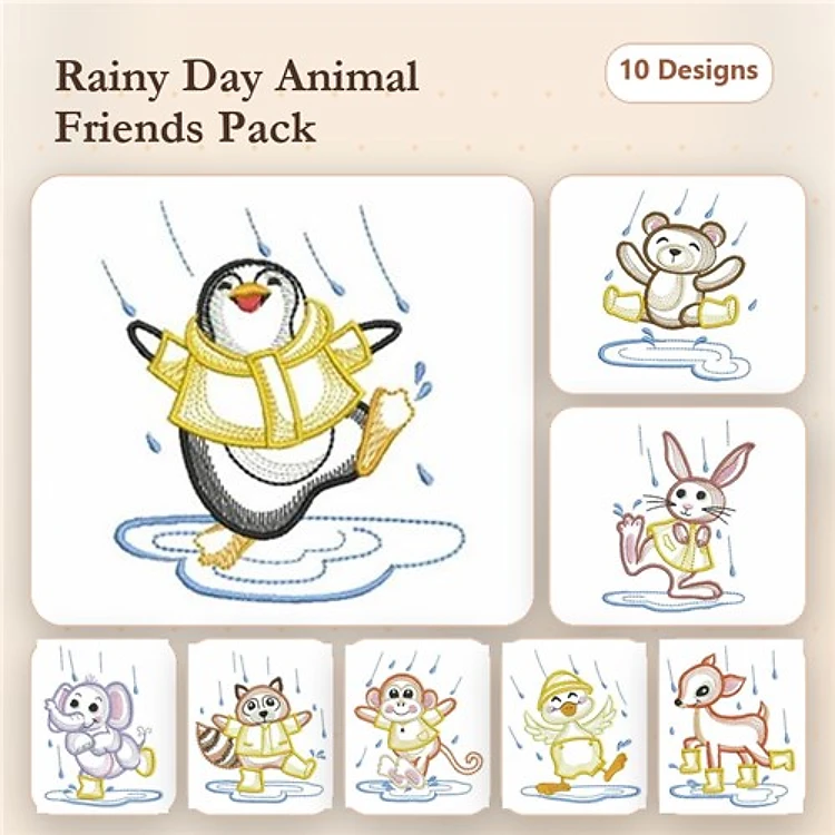 Rainy Day Animals Embroidery Bundle – Penguin in Raincoat, Bear in Raincoat, Rabbit in Raincoat & More (10 Designs)
