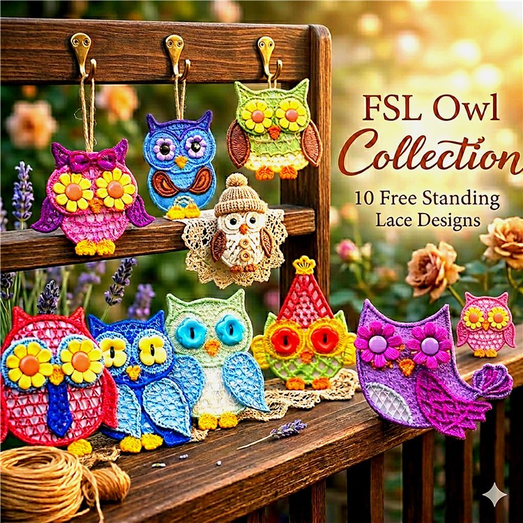 FSL Colorful Owl Embroidery Designs Bundle – Purple, Blue, Yellow Flower & More (10 Designs)