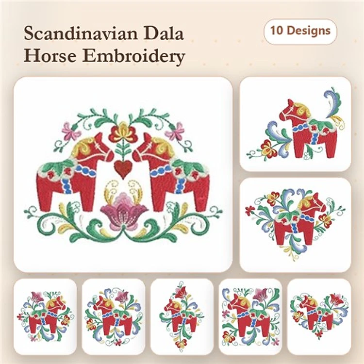 Scandinavian Dala Horses Embroidery Bundle – Dala Horse with Flowers, Dala Horse Heart, & More (10 Designs)
