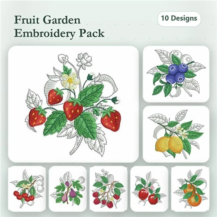 Fruit & Floral Embroidery Designs Bundle – Strawberry Cluster, Blueberry Bunch, Lemon Branch & More (10 Designs)