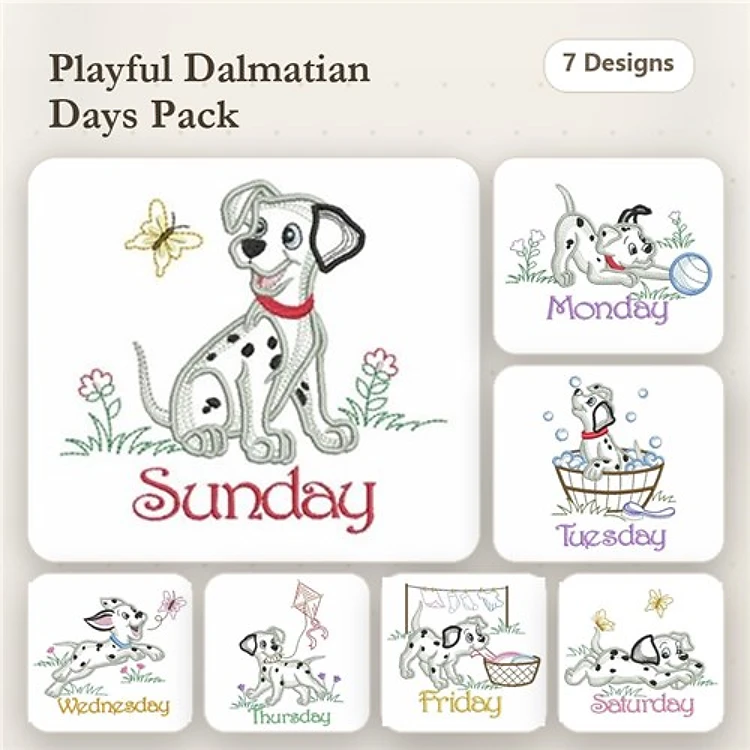 Playful Dalmatian Embroidery Bundle – Days of the Week (7 Designs)