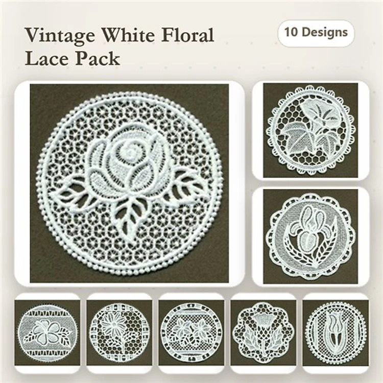 FSL Vintage Floral Lace Embroidery Designs Bundle – Rose Lace, Floral Medallion, Tulip Lace & More (10 Designs)