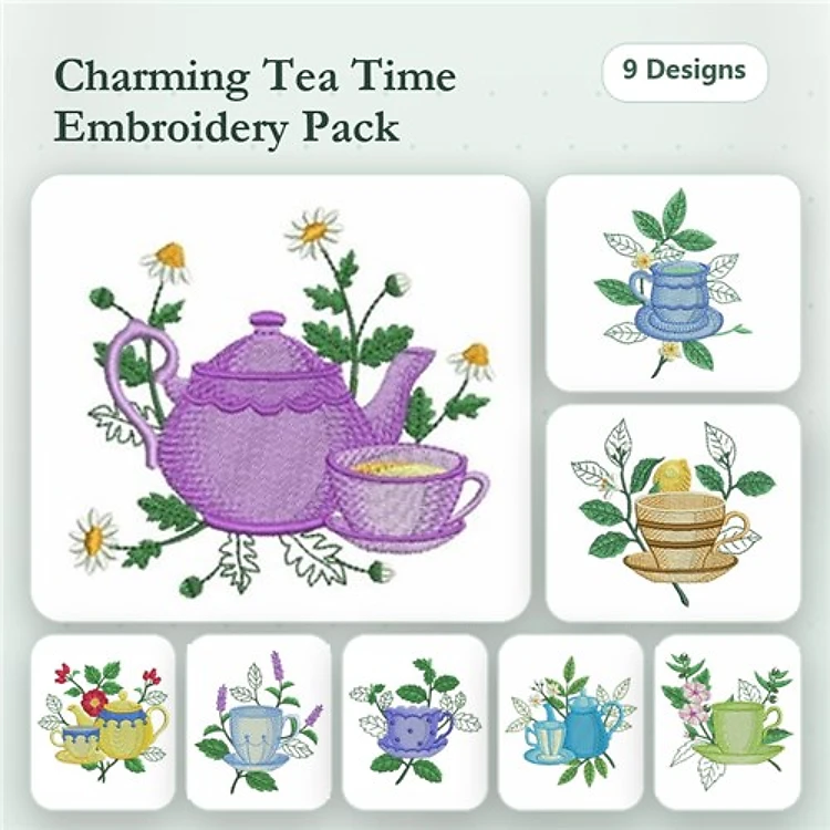 Tea Time Embroidery Designs Bundle – Teapot with Cup, Flower Teacup, Blue Teapot with Leaves & More (9 Designs)