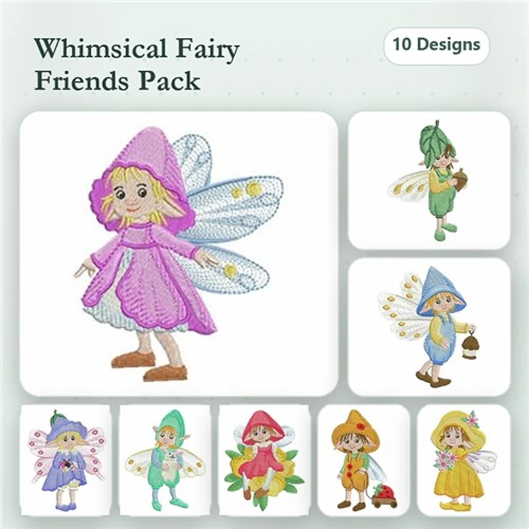 Whimsical Fairies Embroidery Designs Bundle – Girl Fairy with Pink Cape, Boy Fairy with Green Attire & More (10 Designs)