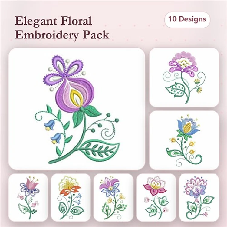 Floral Embroidery Bundle – Purple Floral, Bluebell Flower, Pink Blossom & More (10 Designs)