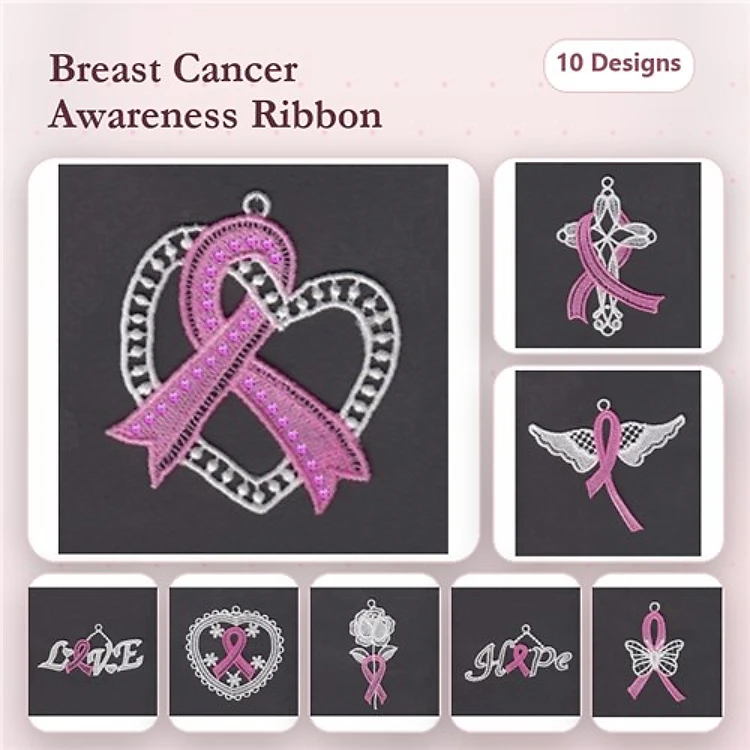 FSL Breast Cancer Awareness Embroidery Designs Bundle – Heart with Ribbon, Angel with Ribbon, Ribbon Ornament & More (10 Designs)