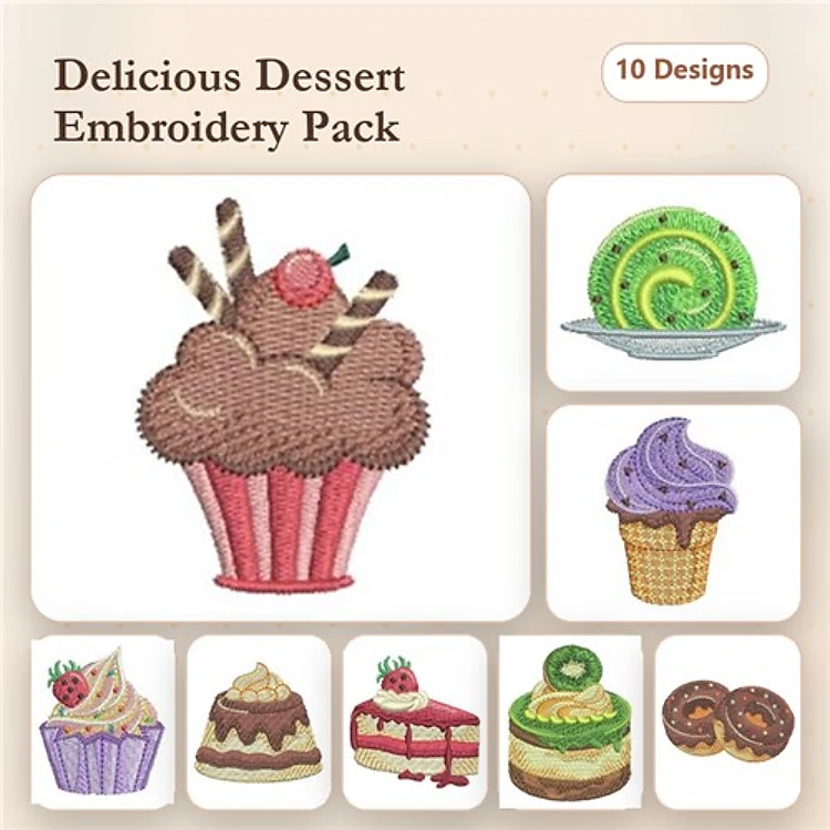 Dessert-Themed Embroidery Designs Bundle – Chocolate Cupcake, Swirled Ice Cream Cone, Layered Cake & More (10 Designs)