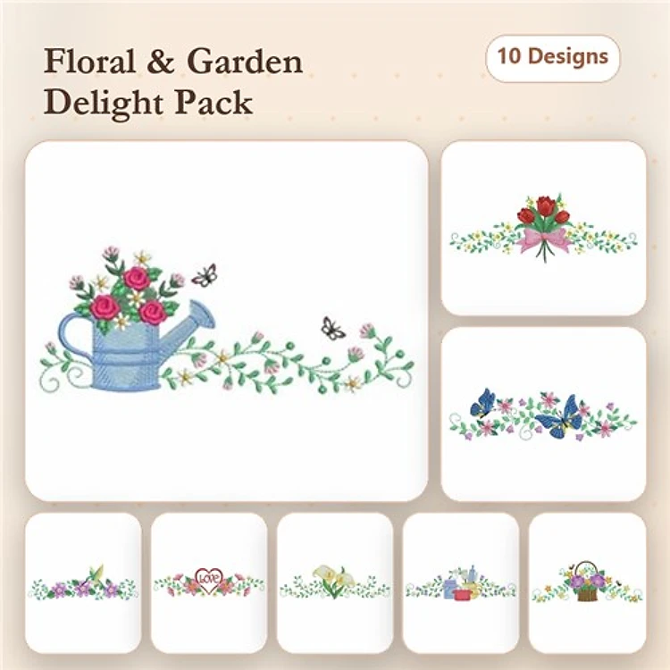 Floral & Garden Embroidery Designs Bundle – Watering Can with Flowers, Rose Bouquet, Floral Swag & More (10 Designs)