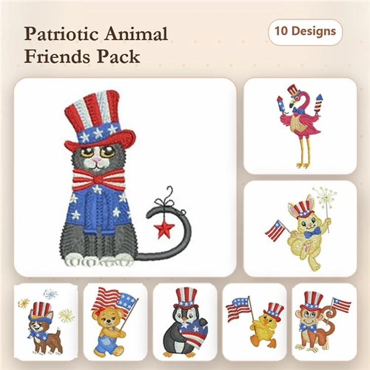 Patriotic Animal Friends Embroidery Bundle – Festive Designs (10 Designs)