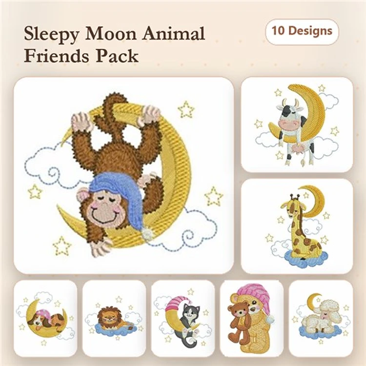 Sleepy Moon Animal Friends Embroidery Bundle – Cute Animal Designs (10 Designs)