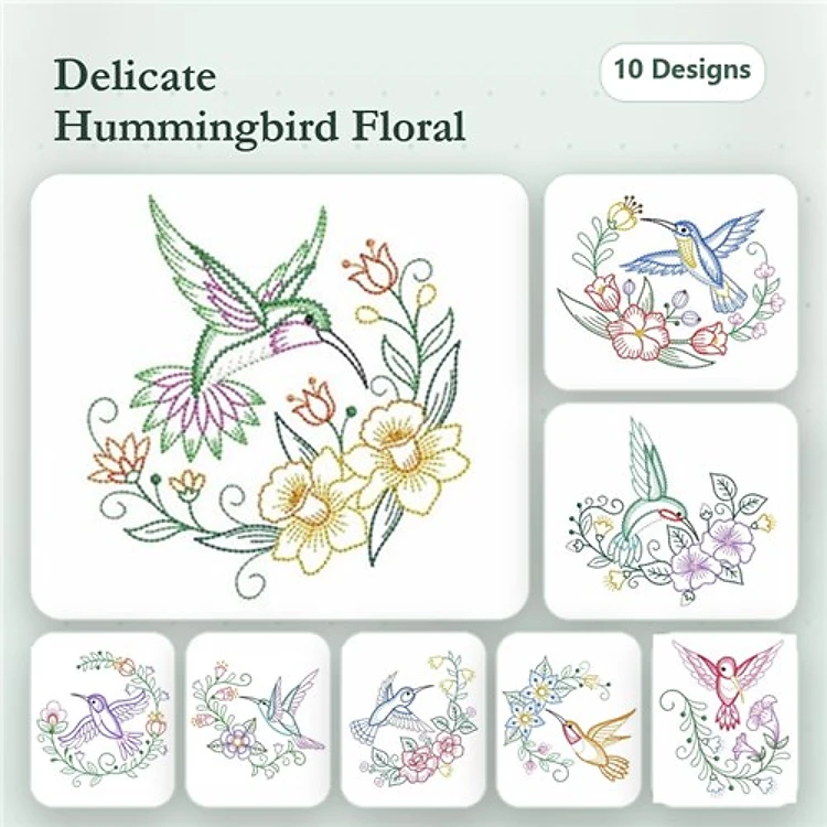 Hummingbird & Floral Embroidery Designs Bundle – Hummingbird with Flower, Floral Wreath with Hummingbird & More (10 Designs)
