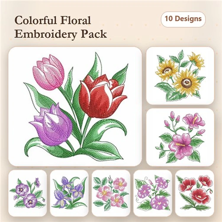Colorful Floral Embroidery Designs Bundle – Tulip Bouquet, Sunflower Arrangement, Violet Blossom & More (10 Designs)