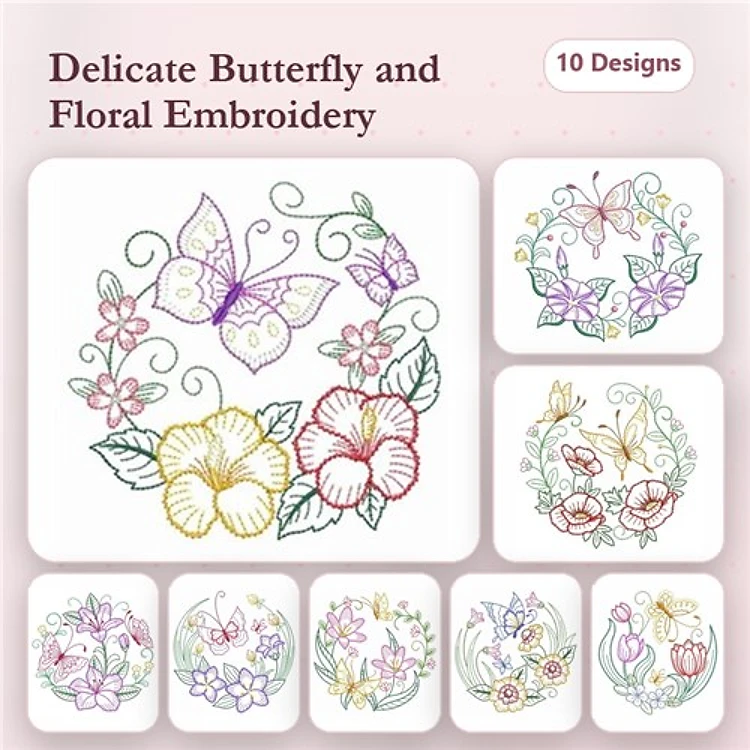 Redwork Butterflies & Florals Embroidery Bundle – Butterfly with Flowers, Floral Wreath with Hibiscus & More (10 Designs)