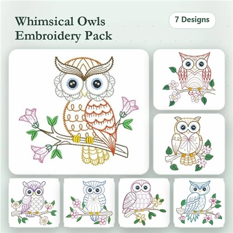 Redwork Owl Embroidery Designs Bundle – Owl on Branch with Flowers, Blue Owl with Flowers, & More (7 Designs)