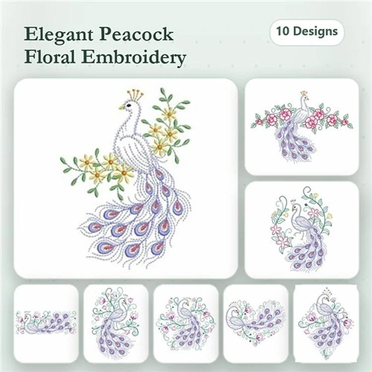 Peacock & Floral Embroidery Bundle – Elegant Peacock with Flowers, Peacock Tail Design, Floral Swag with Peacock & More (10 Designs)