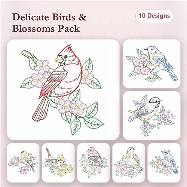 Redwork Birds and Blossoms Embroidery Designs Bundle – Cardinal, Bluebird, Finch & More (10 Designs)