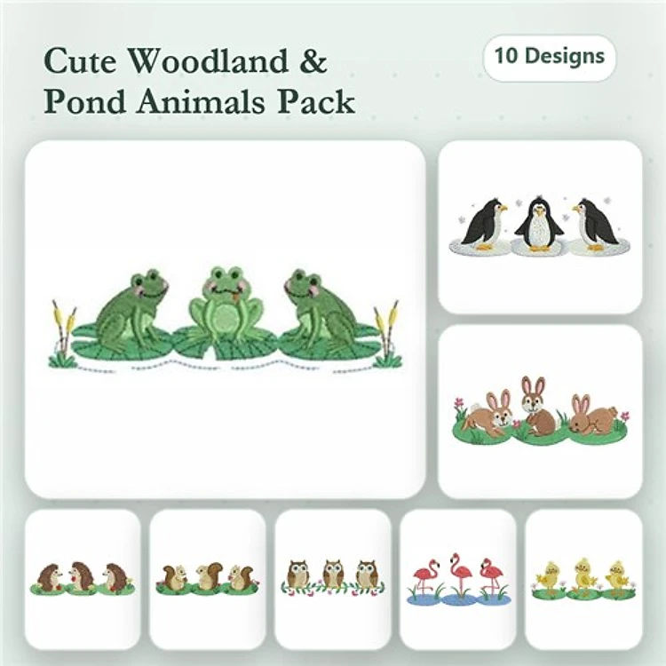 Woodland and Pond Animals Embroidery Bundle – Frogs, Penguins, Rabbits & More (10 Designs)