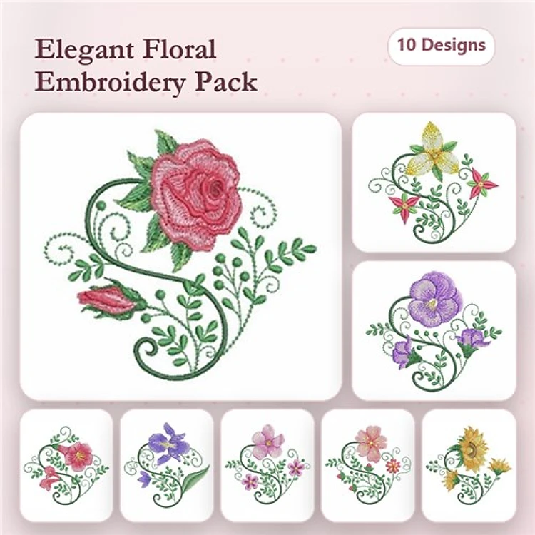 Floral Embroidery Designs Bundle – Rose Vine, Sunflower, Orchid & More (10 Designs)