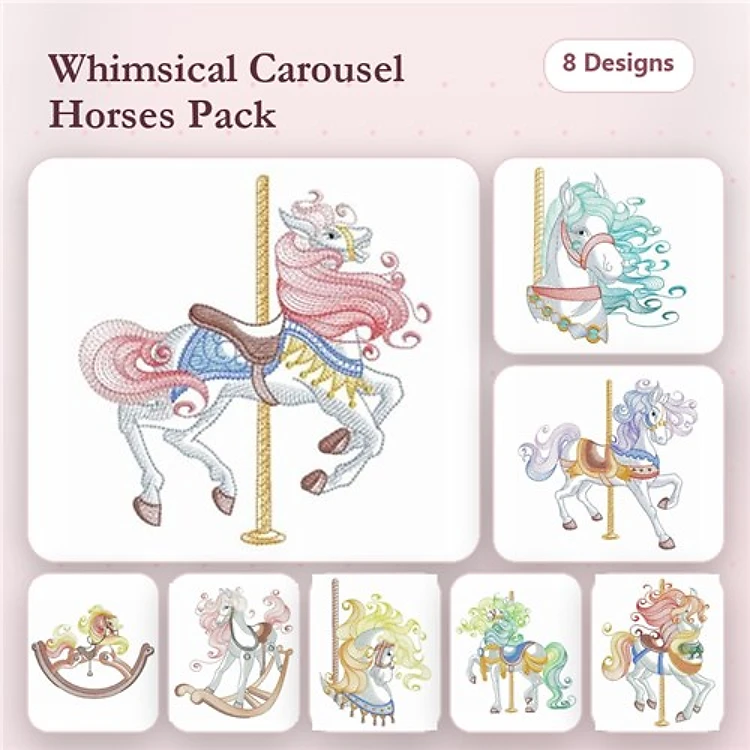 Carousel Horse Embroidery Designs Bundle – Pink Mane, Blue Mane, Rocking Horse with Pastel Colors & More (8 Designs)