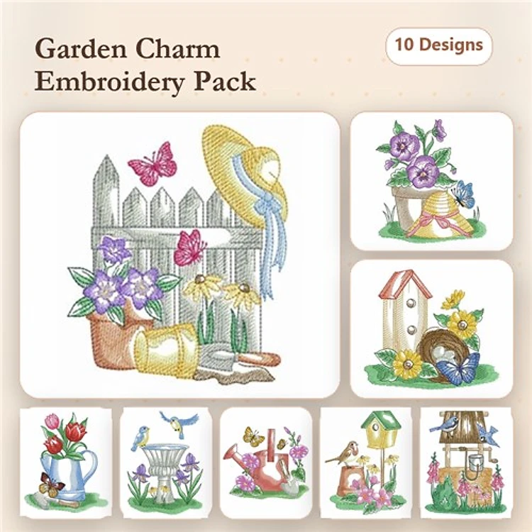 Garden-Themed Embroidery Designs Bundle – Gardening Hat, Birdhouse with Sunflowers, Watering Can & More (10 Designs)