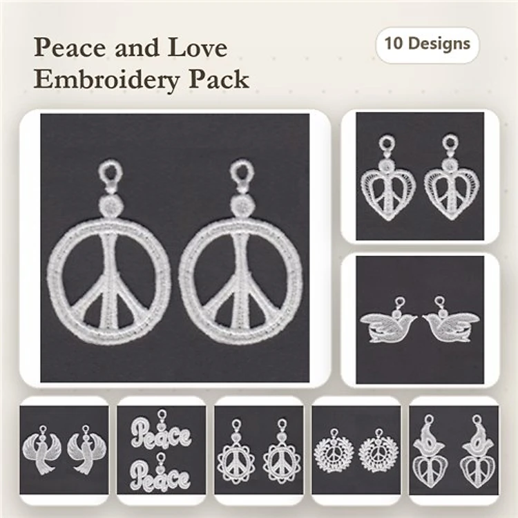 FSL Peace and Love Embroidery Designs Bundle – Peace Sign, Heart, Dove & More (10 Designs)