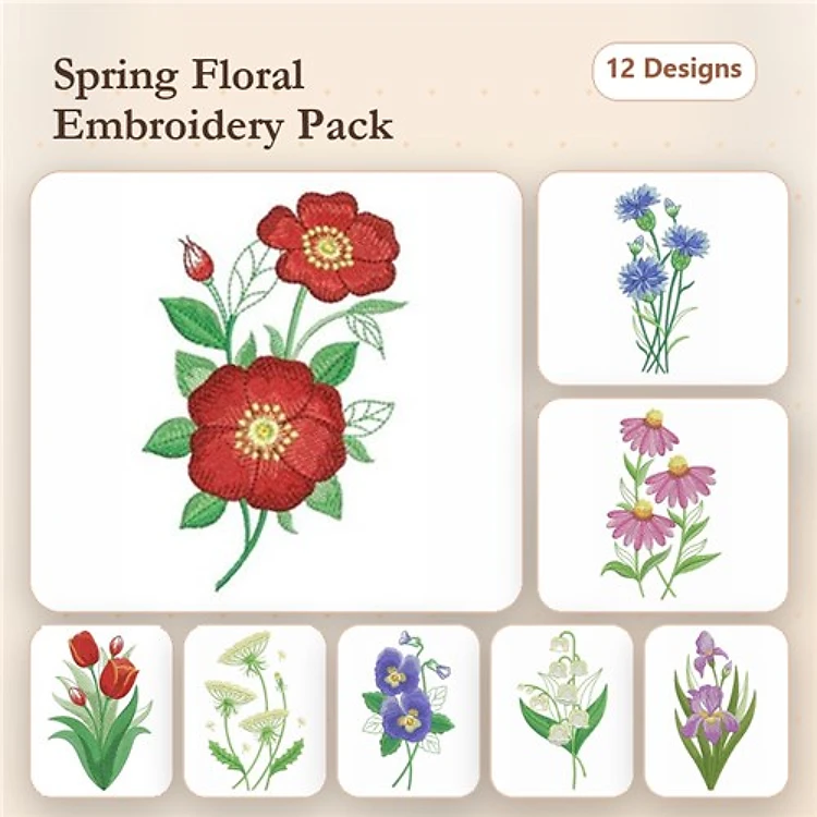 Spring Floral Embroidery Designs Bundle – Red Flower, Blue Cornflower, Pink Daisy & More (12 Designs)