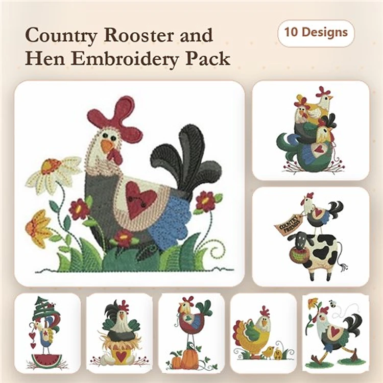 Country Rooster & Hen Embroidery Bundle – Rooster with Heart, Hen on Flower, Rooster with Cow & More (10 Designs)