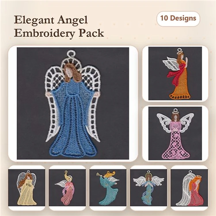 FSL Angels in Lace Embroidery Designs Bundle – Lace Angel with Wings, Elegant Blue Angel, Gold Angel Ornament & More (10 Designs)